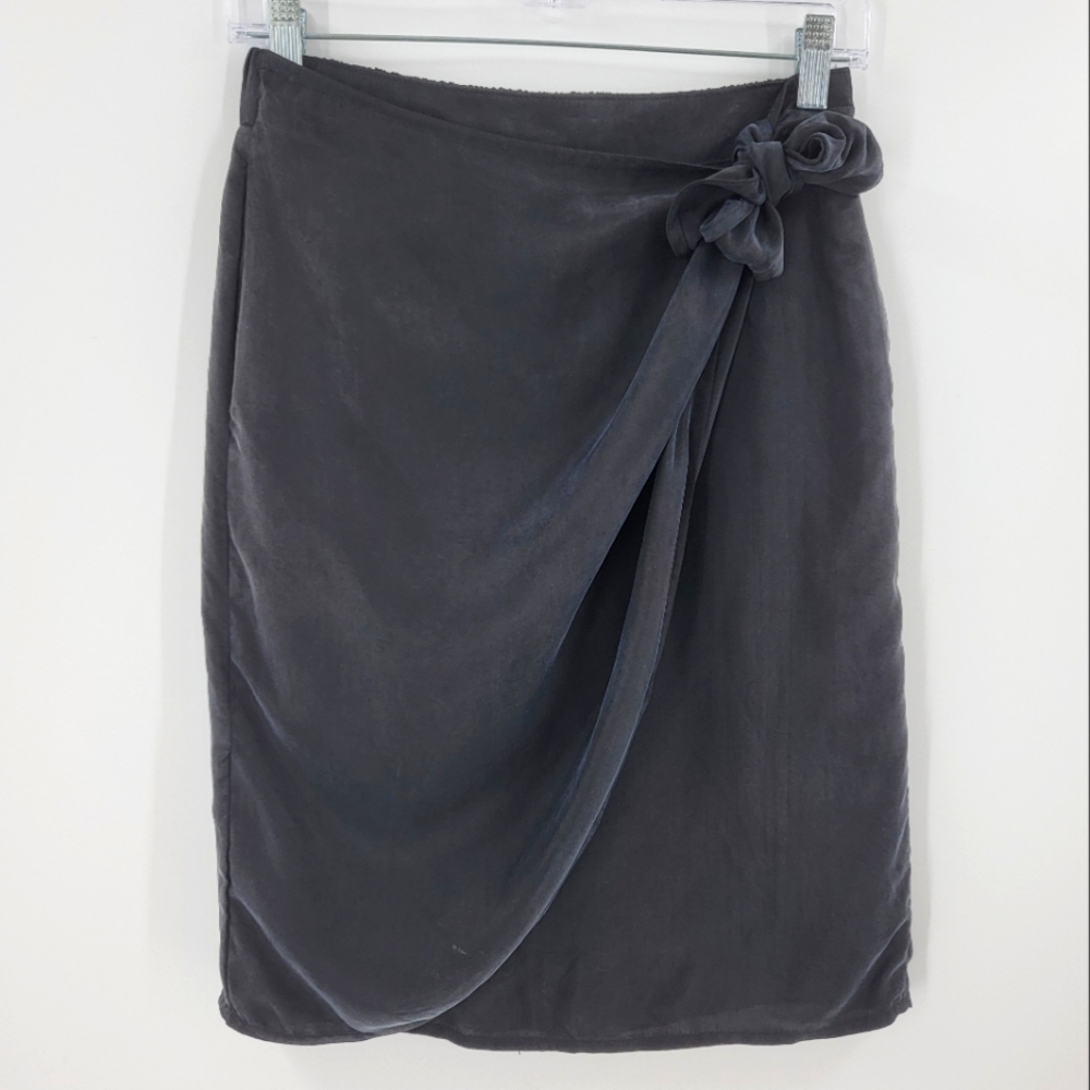 J Crew Japanese Cupro Faux Wrap Pencil Skirt High Waist Faded Black Tie Front 0